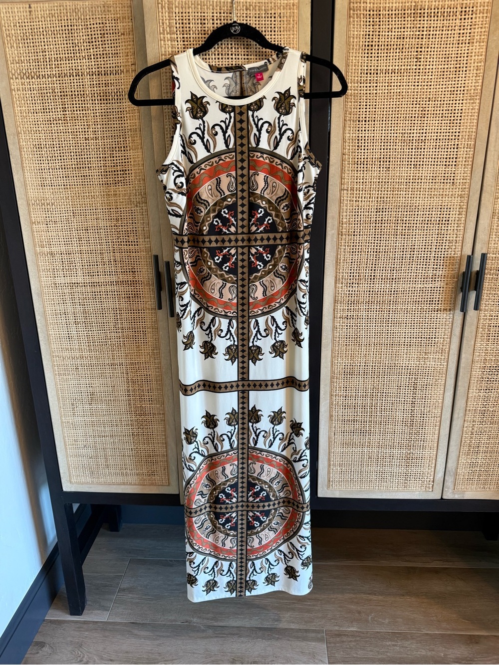 Vince Camuto Cream Maxi Dress with Rust and Black Medallion Print
